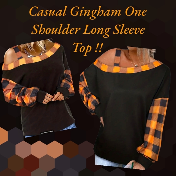 Women's Stylish Casual Black and Orange Plus Size One Shoulder Long Sleeve Top ! - Picture 3 of 12